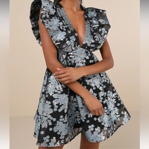 Elegant Black and Blue Floral Dress